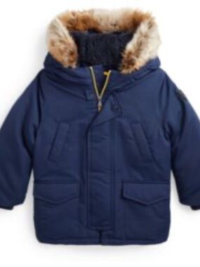 Polo by Ralph Lauren Navy Blue Kids Hooded Puffer Coat with Faux Fur Trim